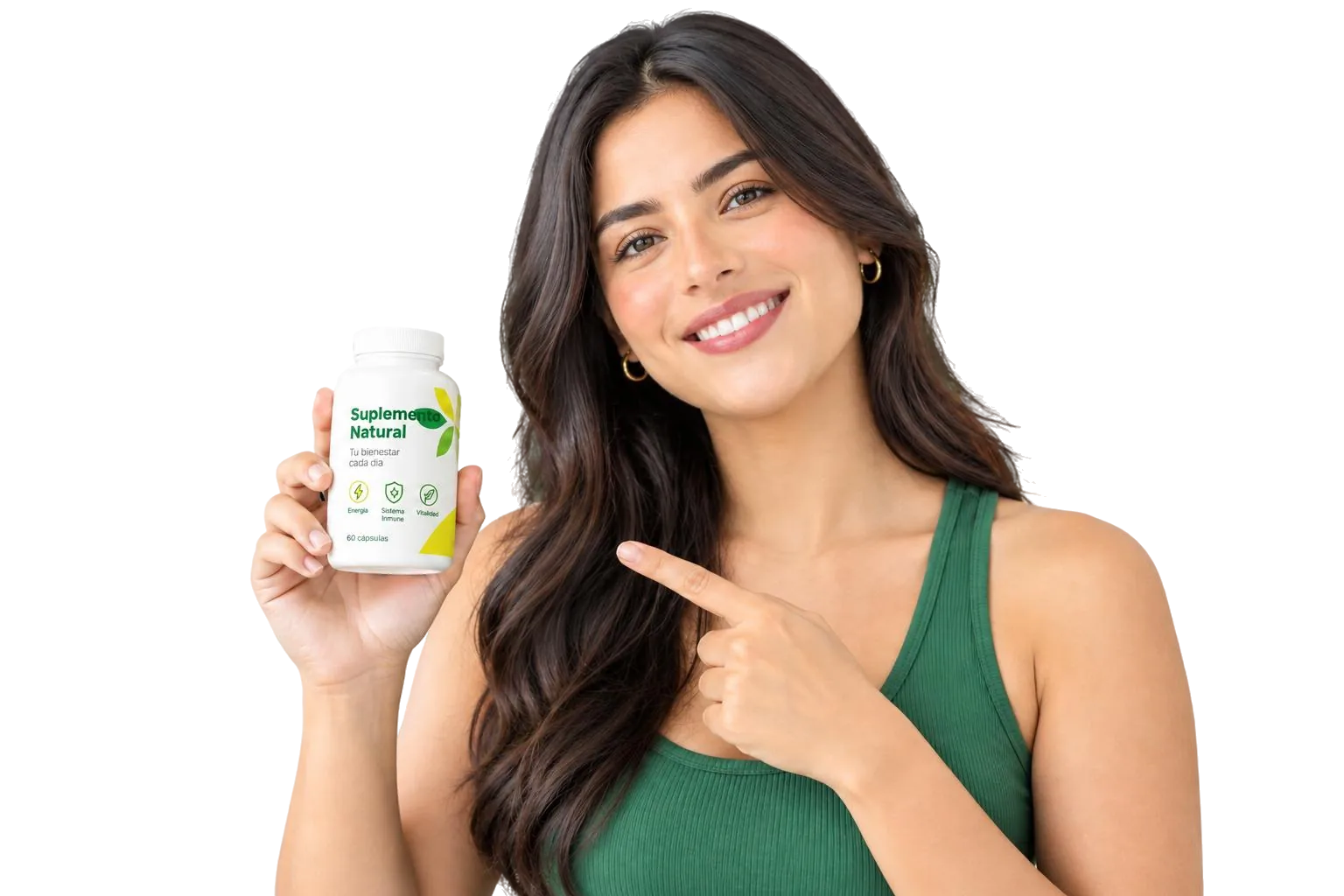 Mujer sonriente sosteniendo un frasco de suplemento Green Leven